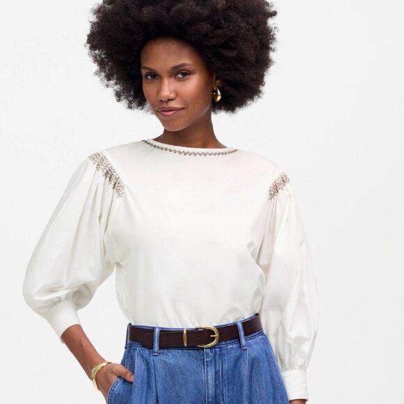 Madewell NU455 White Embroidered Poplin Balloon-Sleeve Top size XS NWT - Picture 1 of 12
